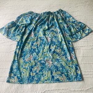 Vibrant Tropical Off-Shoulder Ruffle Sleeve Dress